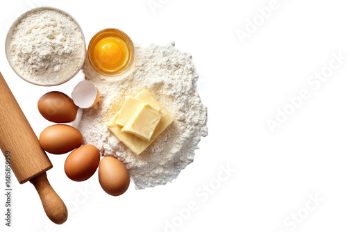 Baking ingredients arranged.  Flour, eggs, butter, rolling pin