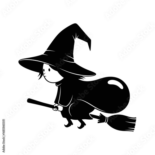 Vector art of cute witch flying on a broomstick, wearing a big hat