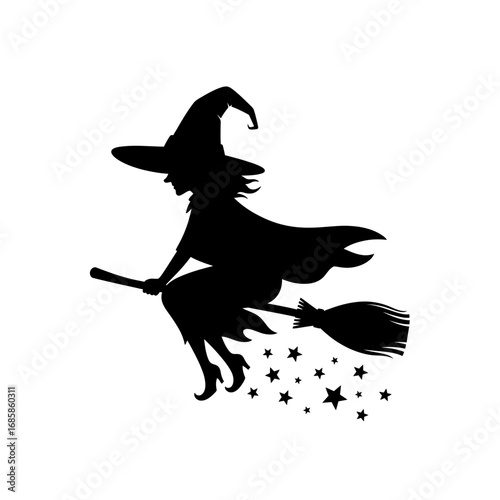 Vector art of silhouette of a witch flying on a broom with stars
