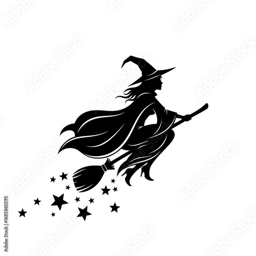 Vector art of silhouette of a witch flying on a broomstick with stars for halloween