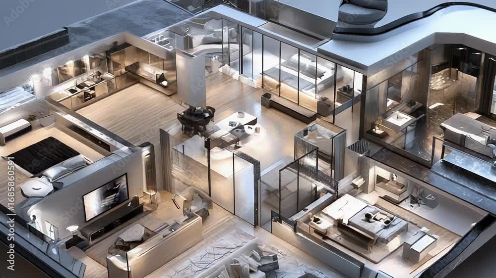Modern apartment interior design showing living room, kitchen and bedrooms