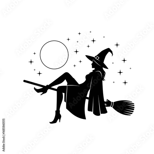 Vector art of silhouette of a sexy witch flying on a broom with a moon, halloween concept art