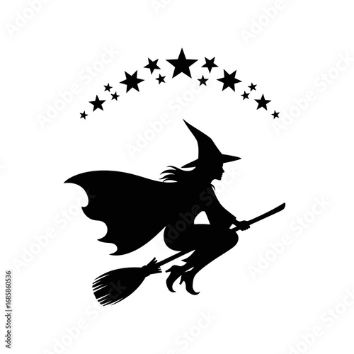 Vector art of silhouette of a witch flying on a broomstick with stars
