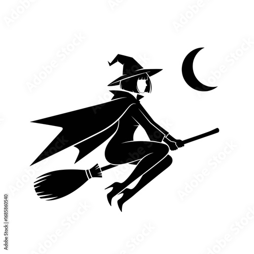 Vector art of silhouette of a witch flying on a broomstick in front of the moon