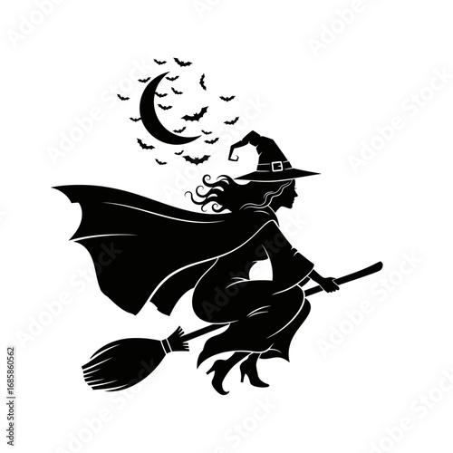 Vector art of silhouette of a witch flying on a broomstick with bats and moon