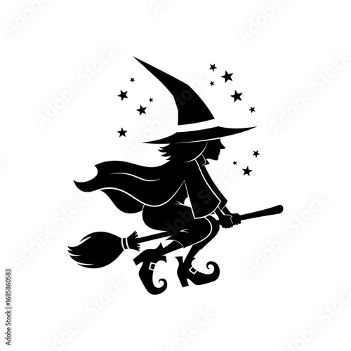 Vector art of silhouette of a witch flying on a broomstick with stars, , in black and white style