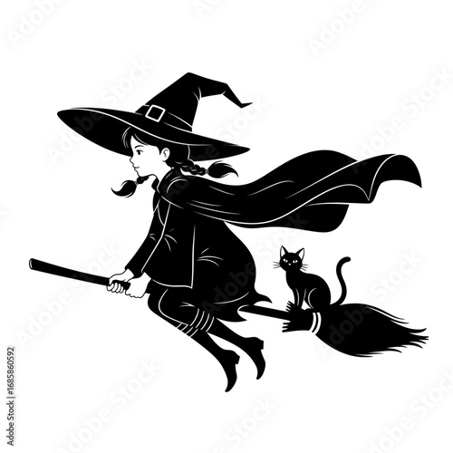Vector art of a young witch with a black cat flying on a broomstick, , in black and white style