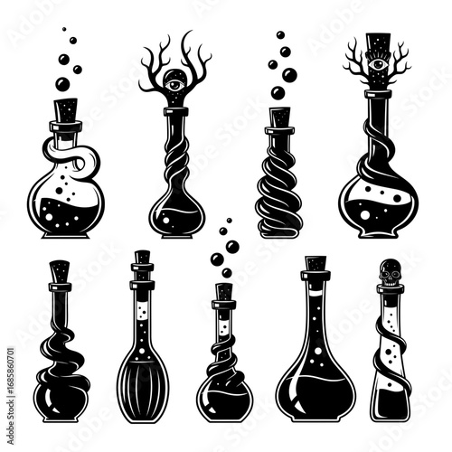 Vector art of collection of various potion bottles, hand drawn vector illustration