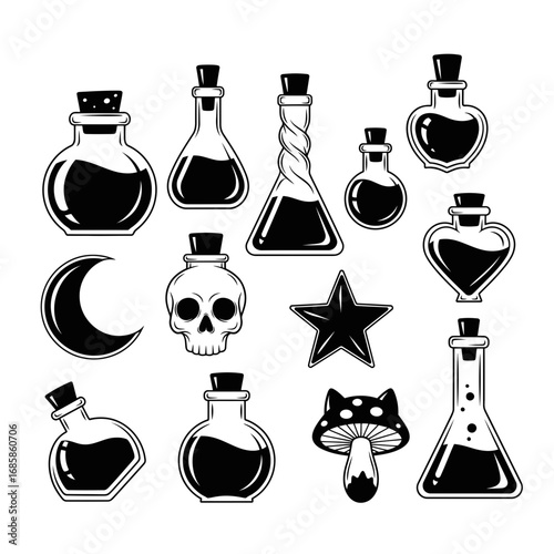 Vector art of set of various potion bottles, hand drawn vector illustration