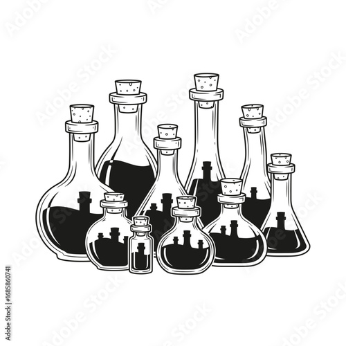 Vector art of collection of potion bottles with different shapes and sizes vector illustration