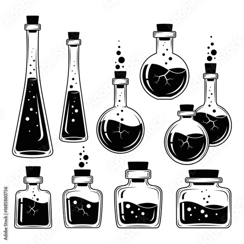 Vector art of collection of magic potion bottles with bubbles vector illustration of elixir