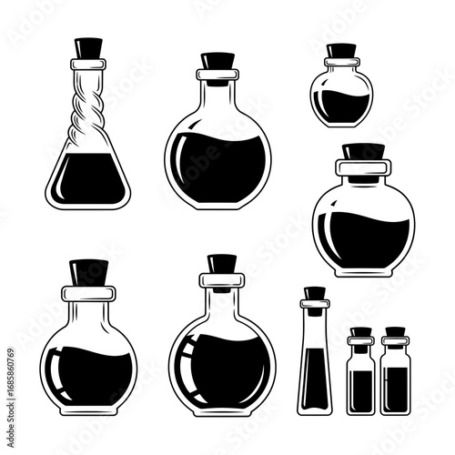 Vector art of set of different potion bottles with liquid vector illustration of magic elixir