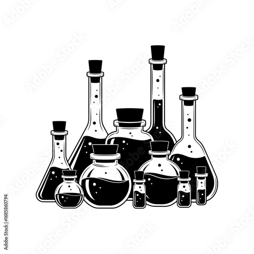 Vector art of group of laboratory glassware with dark liquid, vector illustration