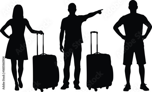 Silhouette of three travelers with rolling suitcases, man pointing direction, woman standing, travel planning, journey, vacation, airport, adventure concept vector