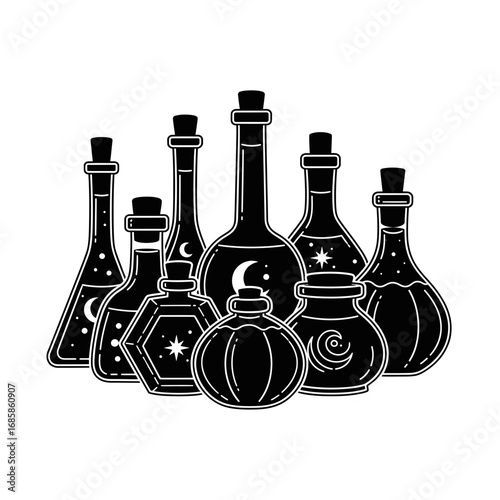 Vector art of collection of magic potion bottles with celestial elements, vector illustration