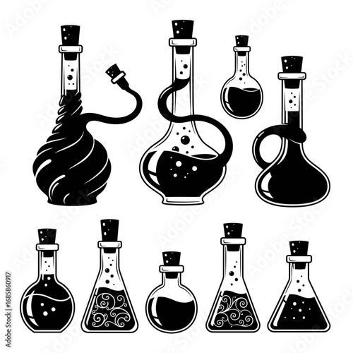 Vector art of collection of magic potion bottles, hand drawn vector illustration