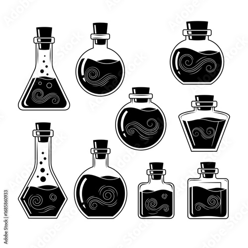 Vector art of collection of potion bottles in various shapes and sizes with cork stoppers