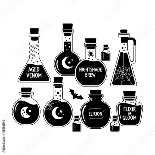 Vector art of collection of halloween potion bottles with spooky labels and designs
