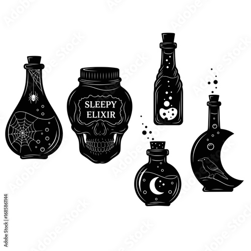 Vector art of collection of spooky potion bottles with halloween themed designs