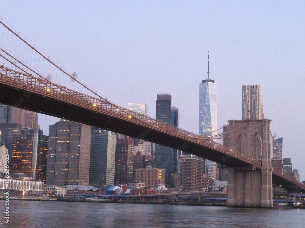 Fototapeta premium the view with the brooklyn bridge from Brooklyn to the manhattan skyline in summer, New York at dawn