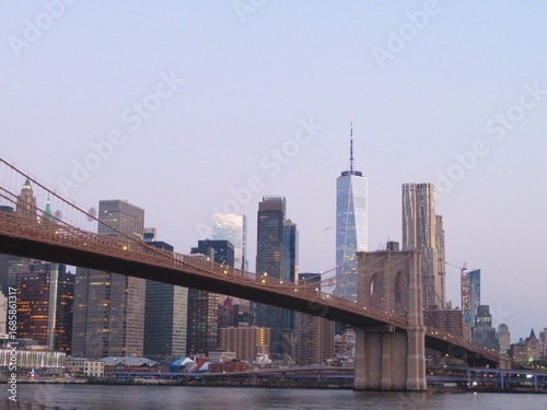 the view with the brooklyn bridge from Brooklyn to the   manhattan skyline in summer, New York at dawn