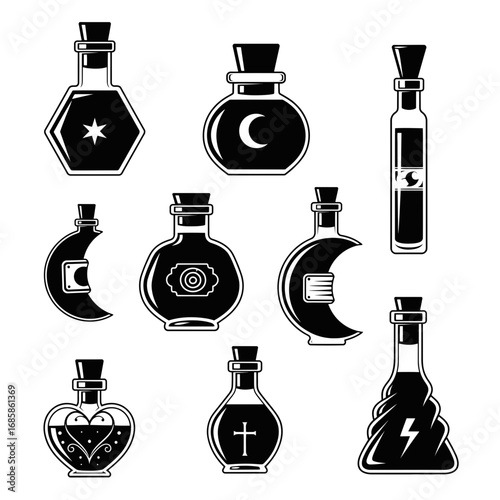 Vector art of collection of magic potion bottles, vector illustration in black and white style