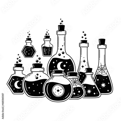 Vector art of collection of magical potion bottles with moon and stars witchcraft elixir set