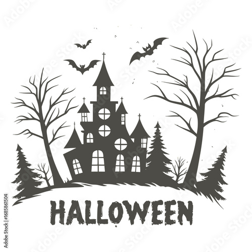 Spooky halloween haunted castle silhouette with bats flying and bare trees at night