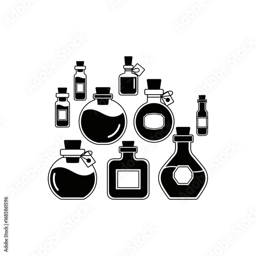 Vector art of collection of vintage potion bottles, perfect for fantasy or apothecary themes