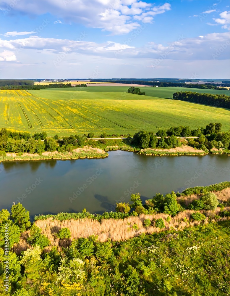 Fototapeta premium High-angle view of a river winding through agricultural fields, lush greenery, and a partly cloudy sky