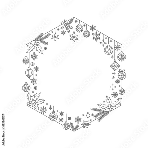 Vector art of hexagon christmas frame border with ornaments for holiday decoration
