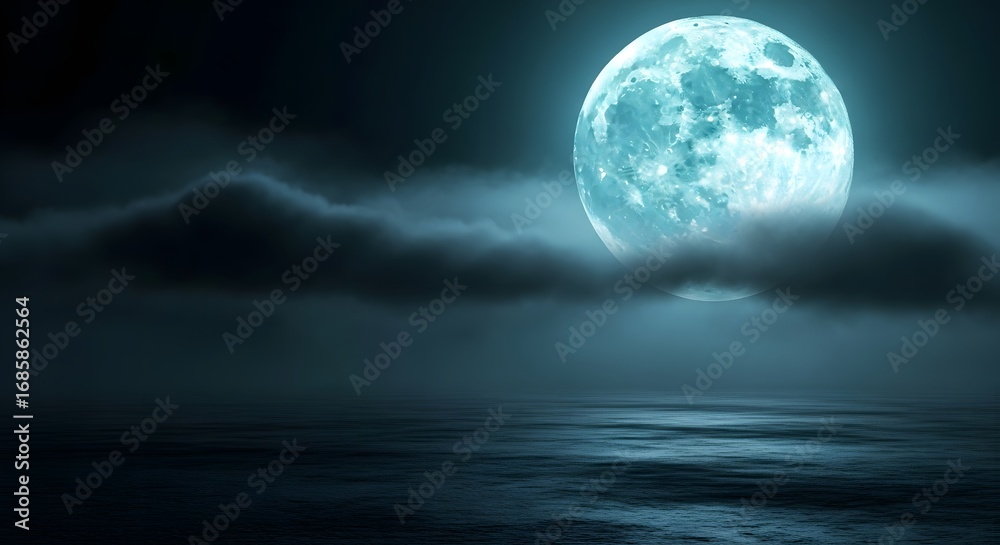 Fototapeta premium A bright blue moon illuminates a dark, misty ocean at night, creating an eerie and mysterious atmosphere