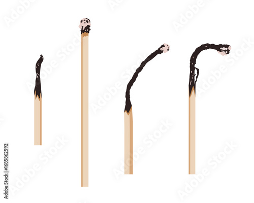 Four wooden burnt matches with black heads on white isolated background. Visual metaphor for different stages of fatigue and exhaustion. Burnout concept in psychology.