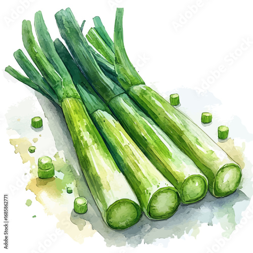 watercolor of Leek, vector, isolated on a white background.