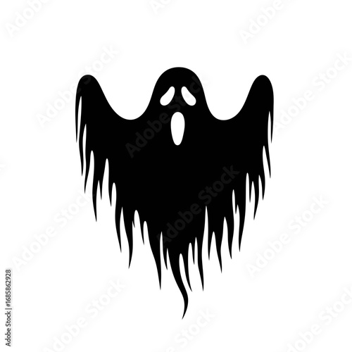 Vector art of mysterious ghost silhouette, a spectral figure with flowing robes and a haunting presence