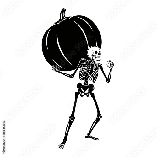 Vector art of skeleton carrying a large pumpkin on its shoulders halloween concept art