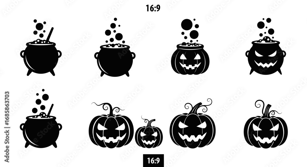 Naklejka premium Vector art of halloween pumpkins and cauldrons, a spooky and festive design for your projects