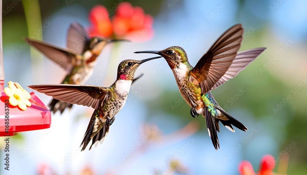 Fototapeta premium Three hummingbirds in flight near a feeder