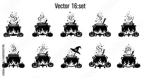 Vector art of collection of halloween witch cauldrons with pumpkins vector clip art set