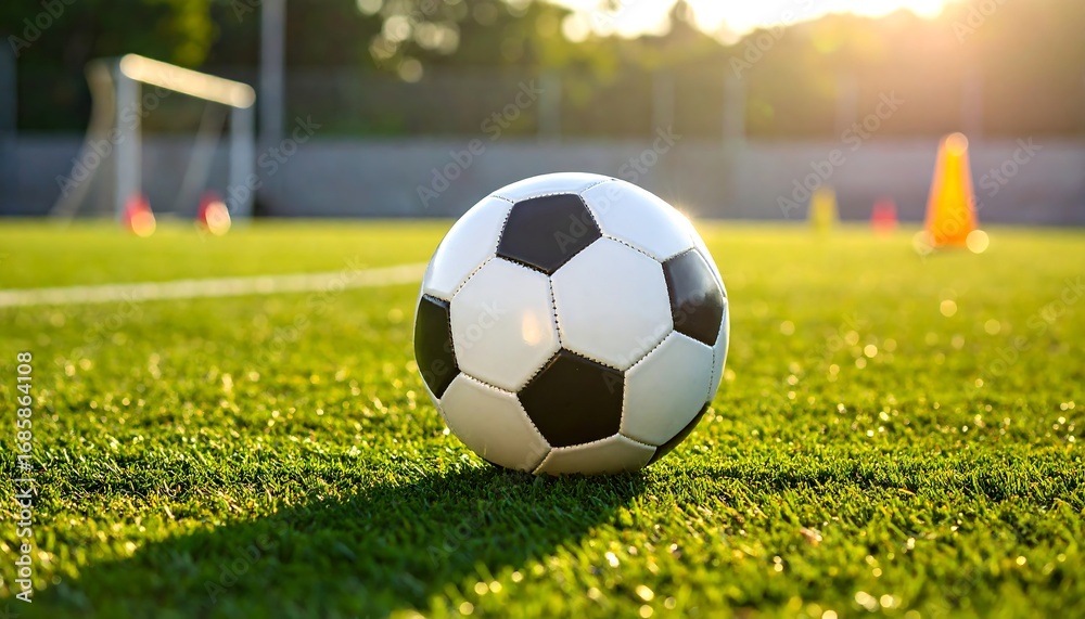 Obraz premium Soccer Ball on Green Grass Field at Sunset with Training Cones and Goal in Background