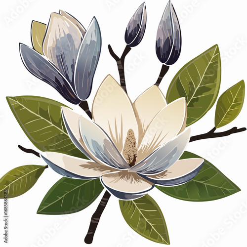refined off-white magnolias with creamy petals subtle pink blush and detailed green foliage seamless vector art