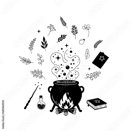 Vector art of halloween witch cauldron with potion and magic book vector illustration