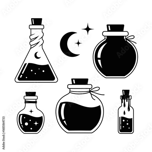 Vector art of collection of magic potion bottles, vector illustration of witchcraft elixirs