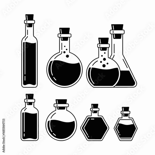 Vector art of collection of potion bottles and flasks, vintage style vector illustration