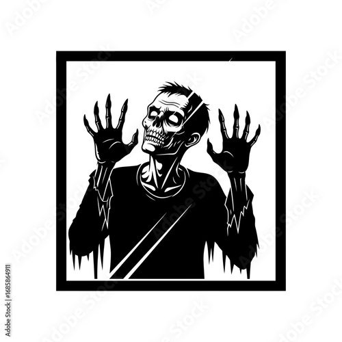 Vector art of terrifying zombie trapped behind glass, a chilling halloween illustration