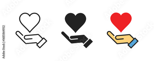 Hand holding heart vector icon symbol. Heart care hand icon. Heart in hand icons set, Healthcare, Donation and giving aid concept