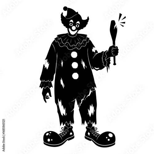 Vector art of silhouette of a scary clown holding a club, perfect for halloween designs