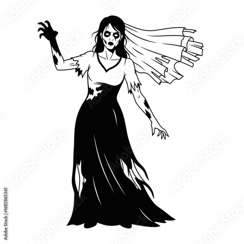 Vector art of silhouette of a zombie bride, perfect for halloween designs and themes
