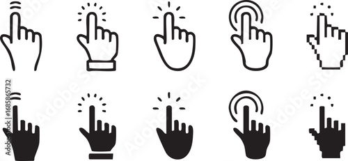 Clicking Hand Cursor Icons Set – Outline & Silhouette Vector