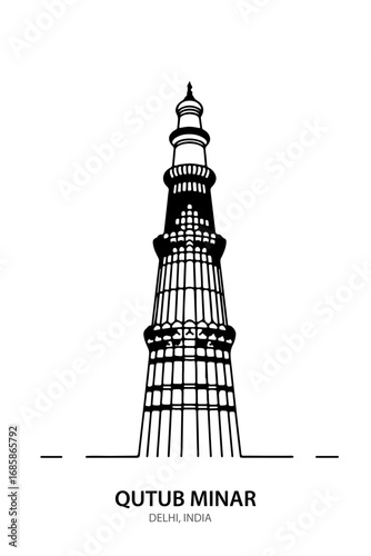 Qutub Minar Delhi Vector Line Art Illustration on White Background – Famous Indian Monument Outline